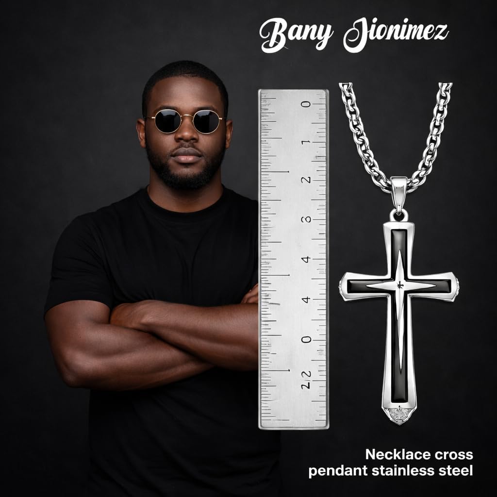 Black Gold Cross Necklace for Men with Cross Pendant Necklace 22 – 30 Inch, Steel Cross Chain for Women & Men, Black Cross Necklace for Men, Mens Necklaces with Small Diamonds (Silver), Don Toretto Stainless Steel, Ozzy Osbourne Cross Necklace - Image 2
