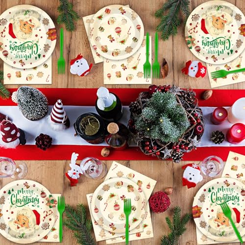 Image of Qyeahkj 100 Pcs Christmas Xmas Party Paper Plates and Napkins, Vintage Holiday Party Supplies Birthday Party Tableware Set Table Decorations Favors with Forks for Girls Boys Kids Serve 25