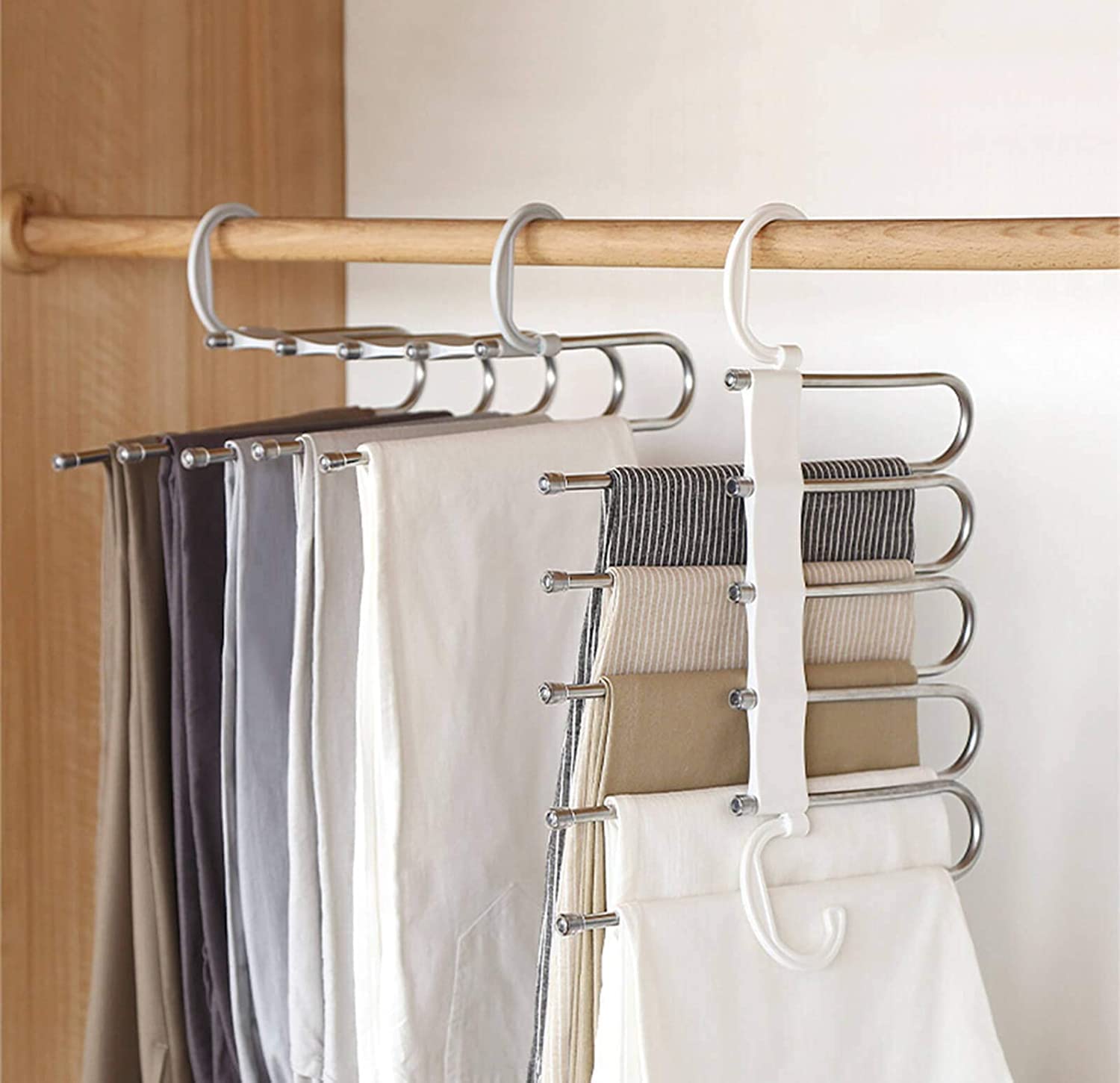 Pants Hangers 2 Pack Adjustable 5in 1 Multi-Layer Hanger Made of Plastic & AluPants Hangers,,Home Storage for Organizer,Folding Space Saver Storage for Trousers Scarf Tie Belt (5 tier 2 pcs set)