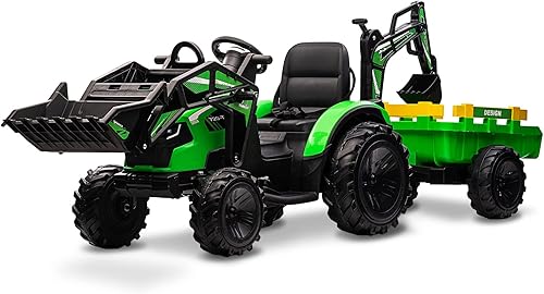 GAOMON Tractor 3 en 1, excavadora y niveladora, vehículos eléctricos de 24 V con remolque, cubo de pala, excavadora, control remoto, neumáticos EVA,