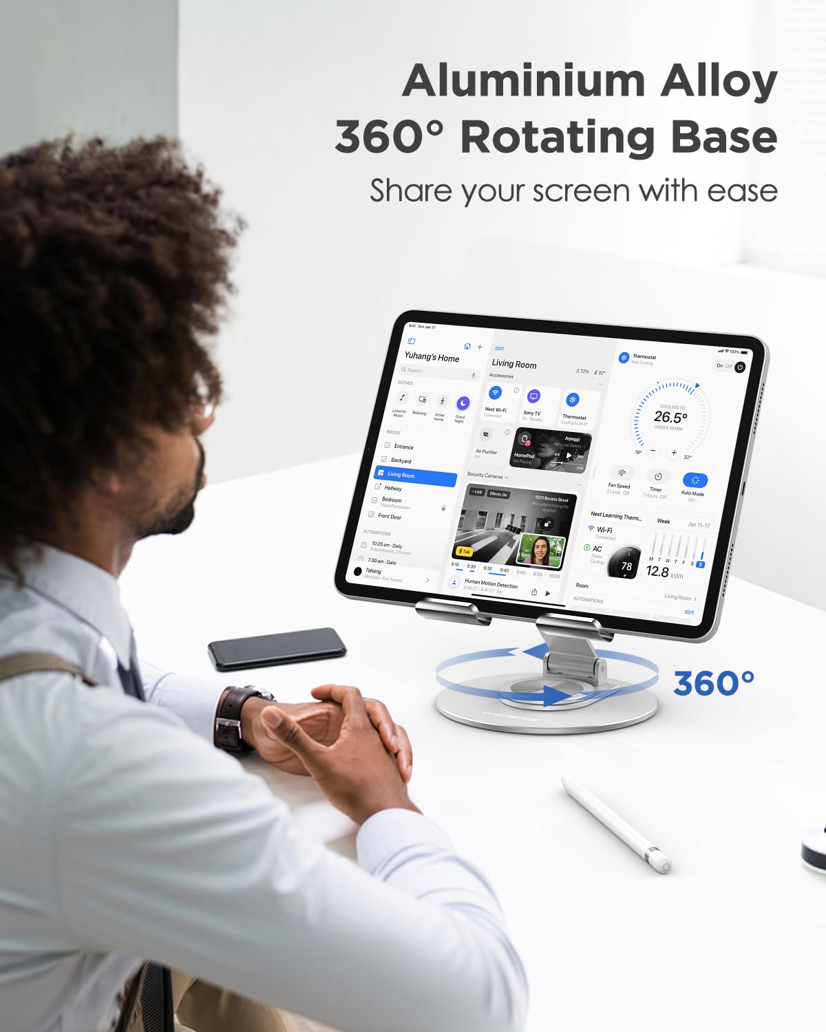 MoKo Acrylic Tablet Stand Holder - Adjustable iPad Stand with Aluminum 360° Rotating Base, Compatible with 4.7-12.9inch Device Such as iPad Pro 12.9, iPad Pro 11/10.9/10.2, iPad Air/Mini, Clear+Silver