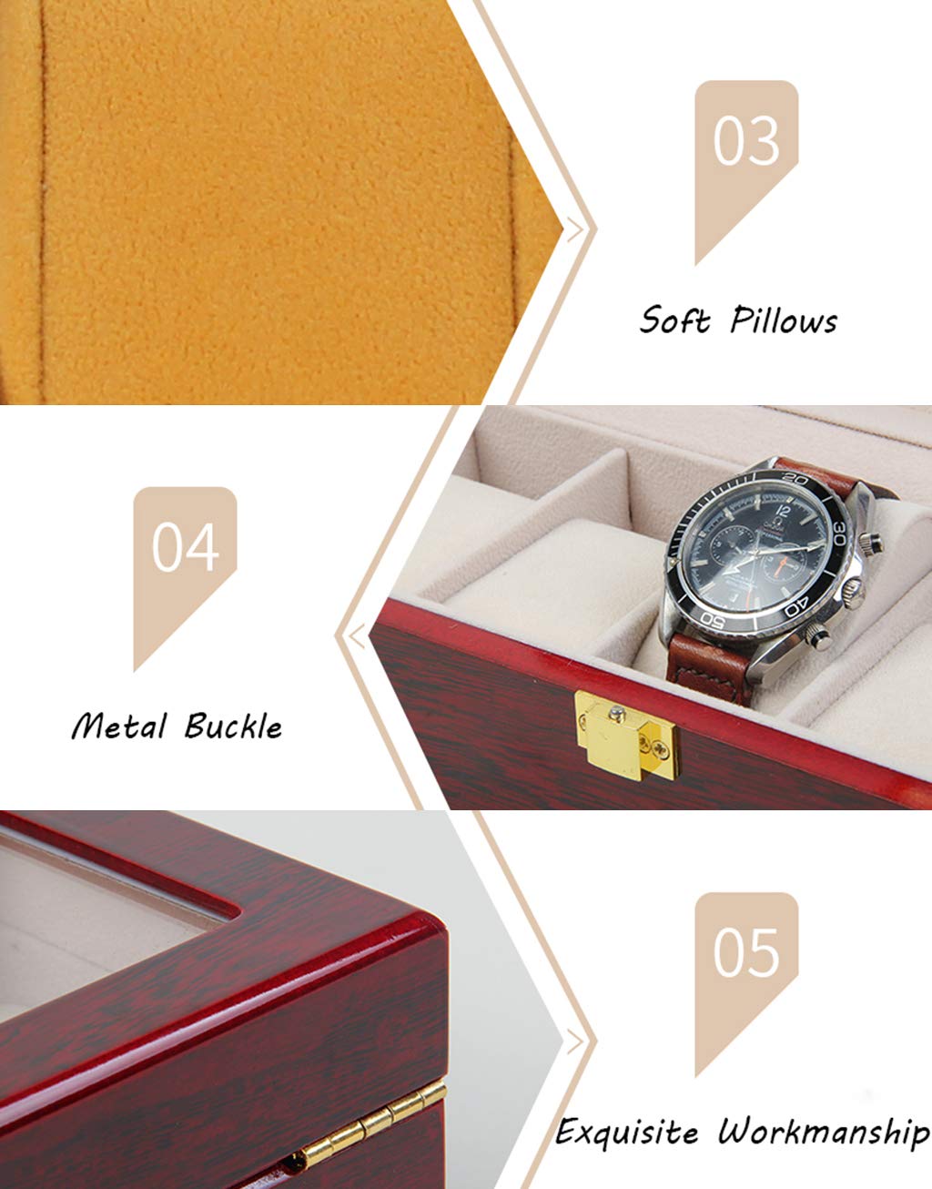 Caja de almacenamiento para exhibición de relojes con 3 ranuras, bandeja para pulseras, forro de flocado suave de madera, Interior con 3 cojines, cierre de cierre de Metal, organizador de escaparate