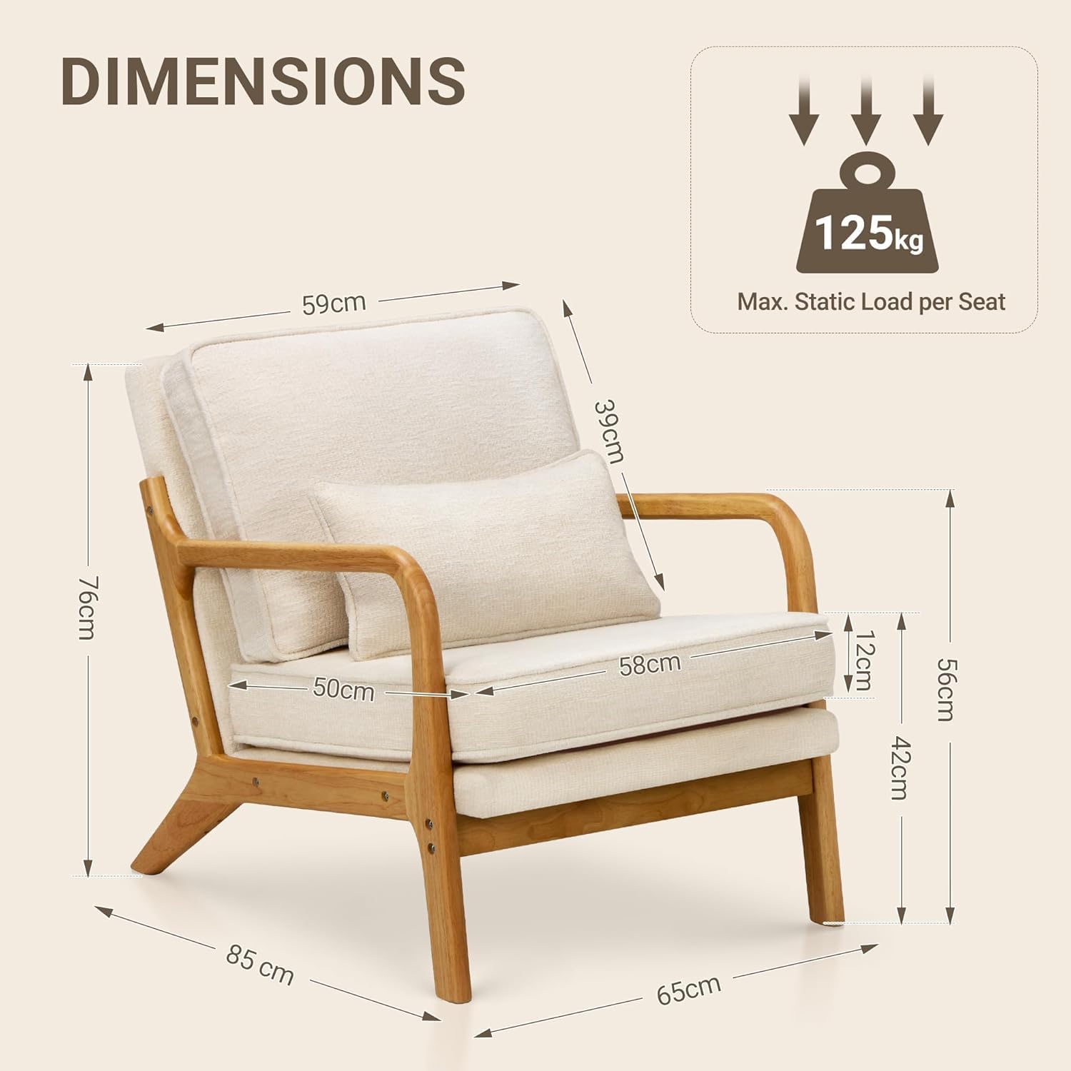 MALOL Mid-Century Accent Chair Set of 2 with Solid Wood Frame, Reading Relaxing Armchair Lumbar Pillow& Soft Cushion, Leisure Chair for Living Room, Bedroom, Waiting Room-Beige Beige 2 PC