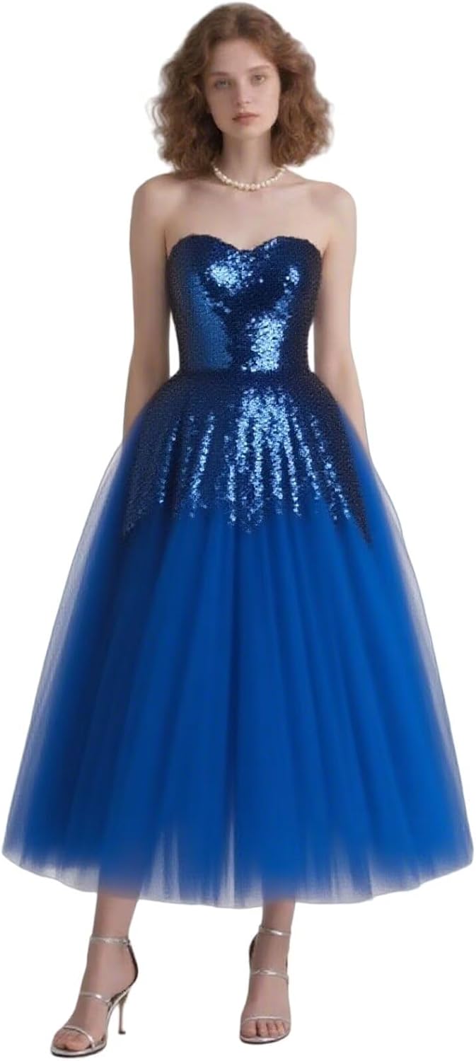 Dydsz Sparkly Sequin Puffy Tulle Prom Dresses for Women Midi Strapless Birthday Party Gown Corset Homecoming Dress
