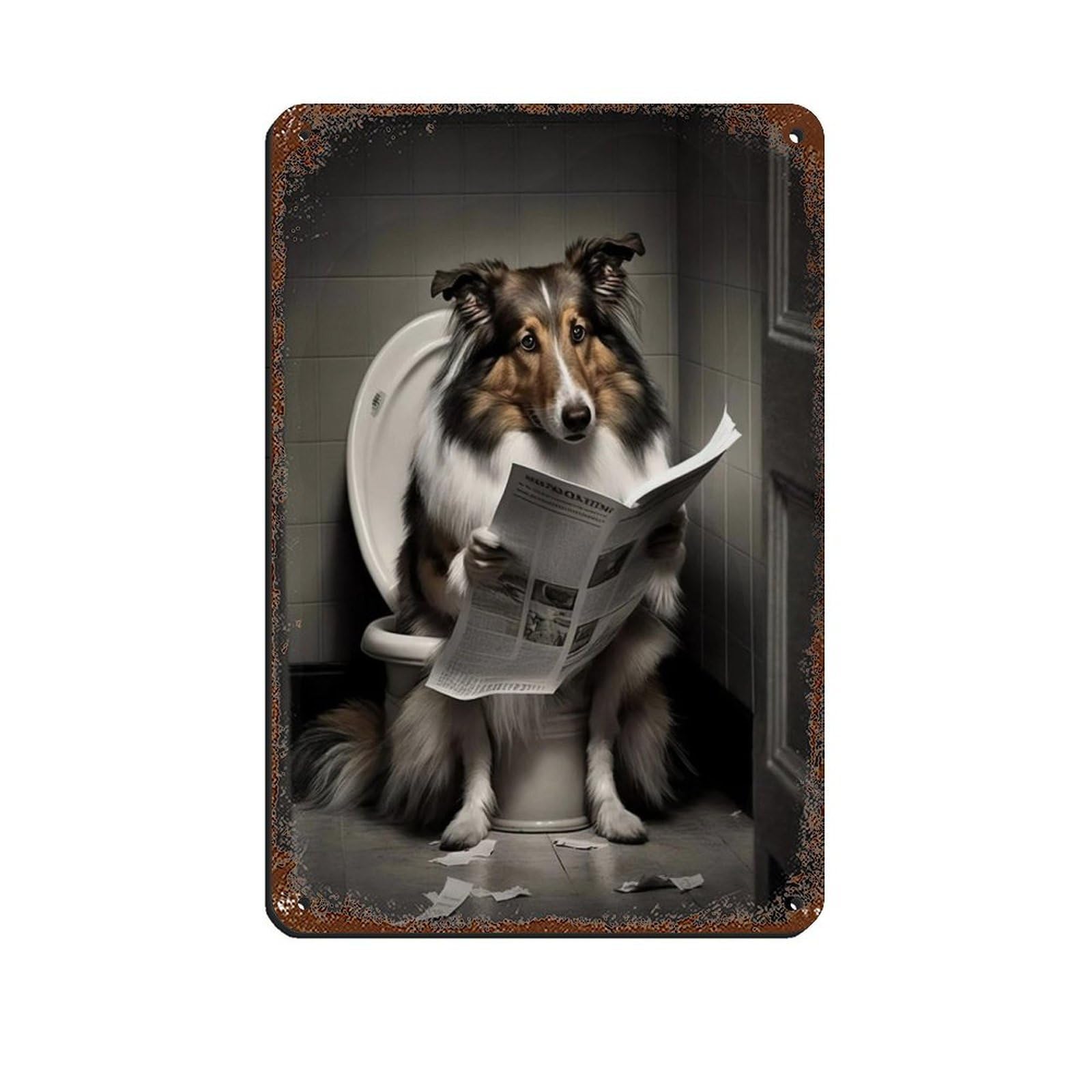 Lxwnze 20L X 30W Cm Collie Sitting On The Toilet Reading A Newspaper Tin Sign Vintage Metal Pub Club Cafe Bar Home Wall Art Decoration Poster Retro 8X12inch(20X30cm)