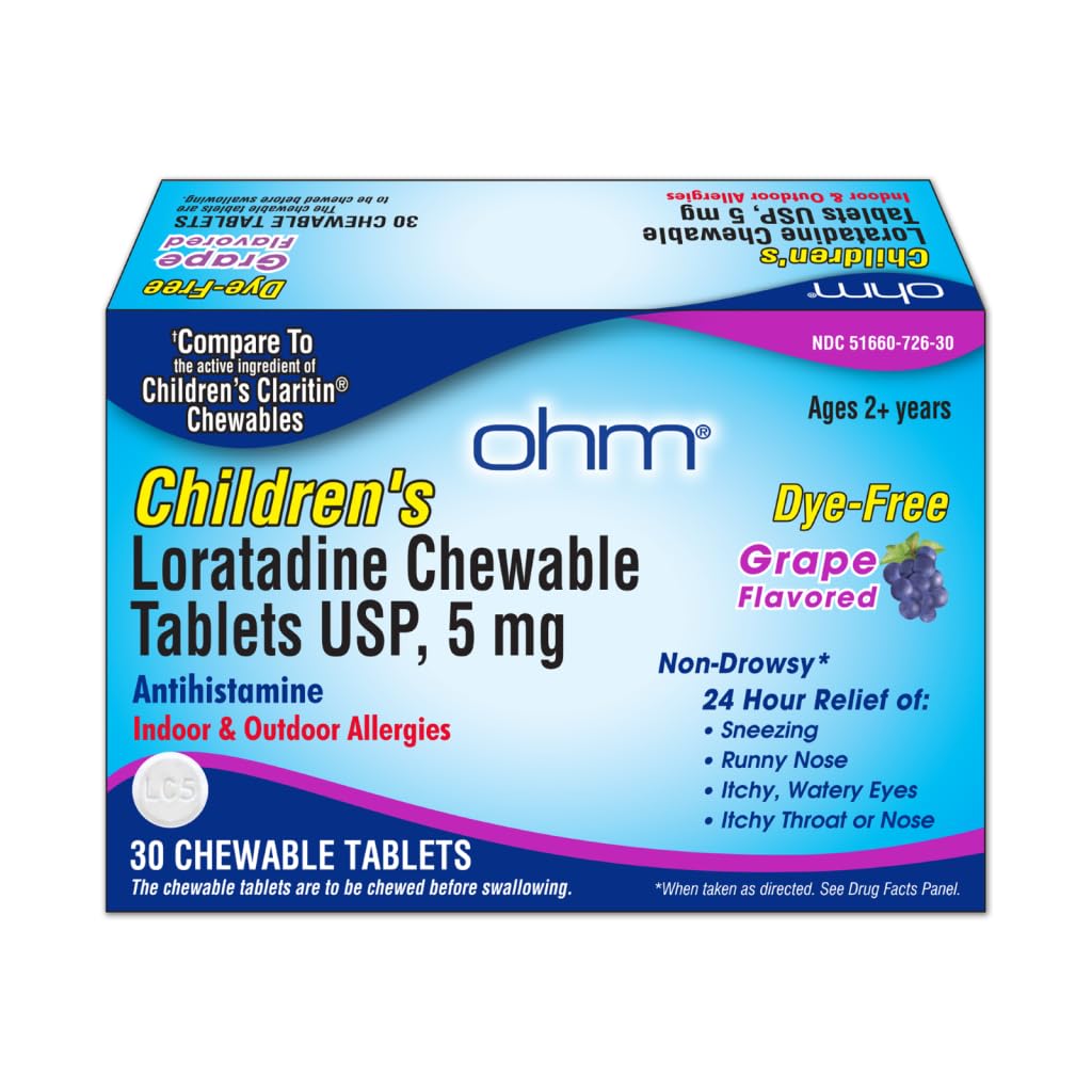 Sponsored Ad - Ohm Children's Allergy Medicine, Loratadine 5mg, Chewable Tablets (30 Count) Grape Flavor, Non-Drowsy Antihistamine, 24-Hour Allergy Relief for Runny Nose, Watery Eyes, Itchy Throat & Nose