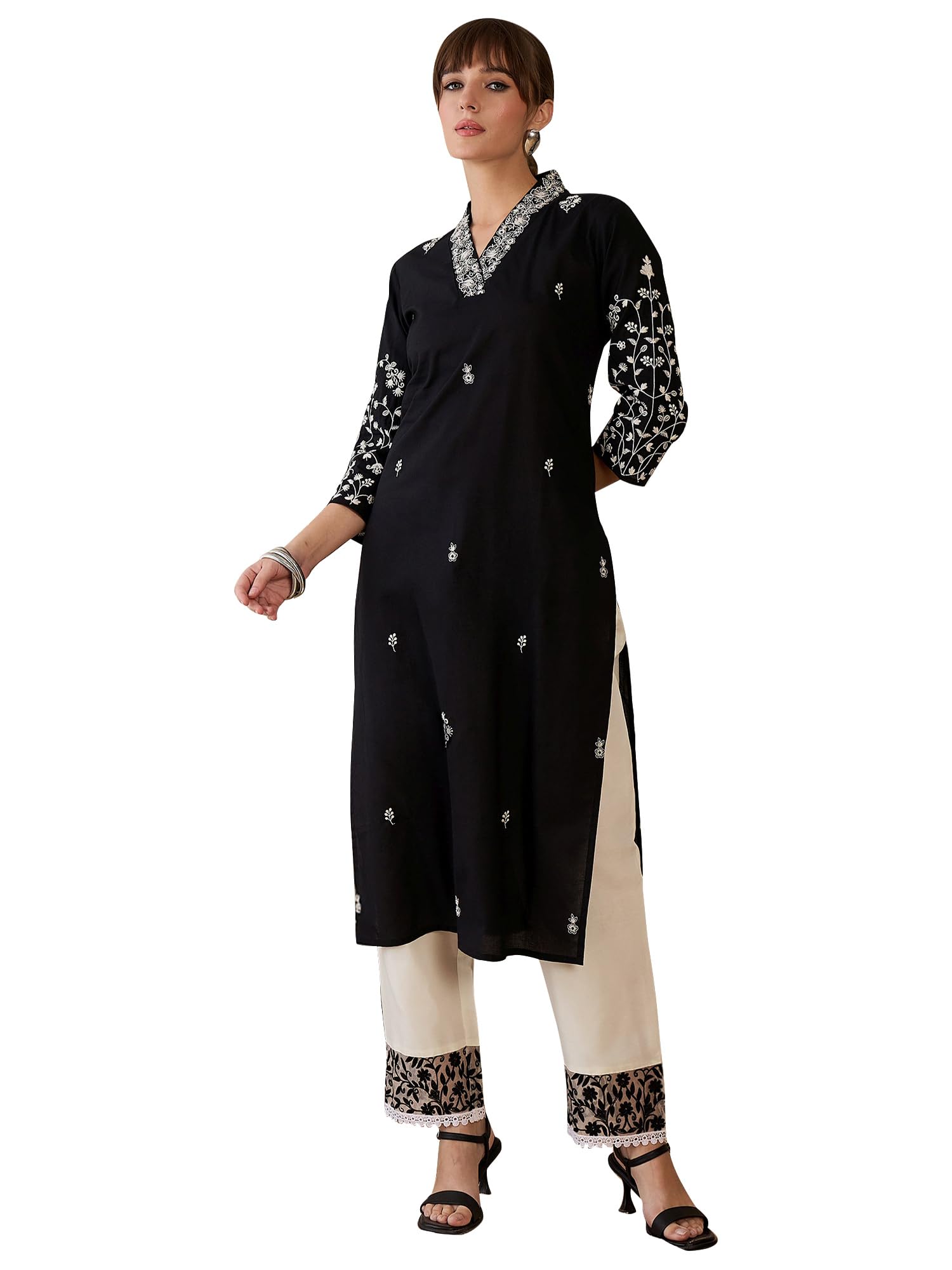 Campus Sutra Women Cotton Straight Fit Straight Floral Embroidered Kurta (IESTR10145) in neutral