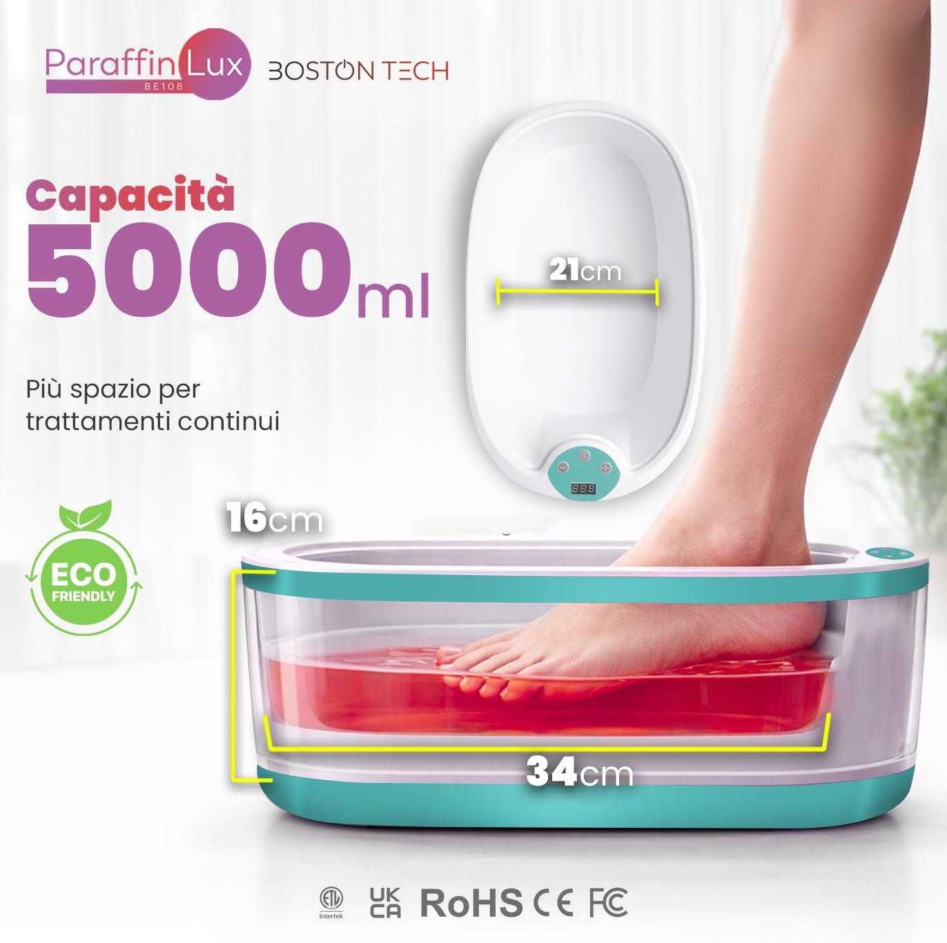 Bagno di Paraffina per Mani e Piedi di Boston Tech® | Sollievo per Dolore Muscolare e Artrite | Idrata, Ammorbidisce e Rivitalizza la Pelle | Capacità 5L + 2 Blocchi di Cera + Accessori Premium