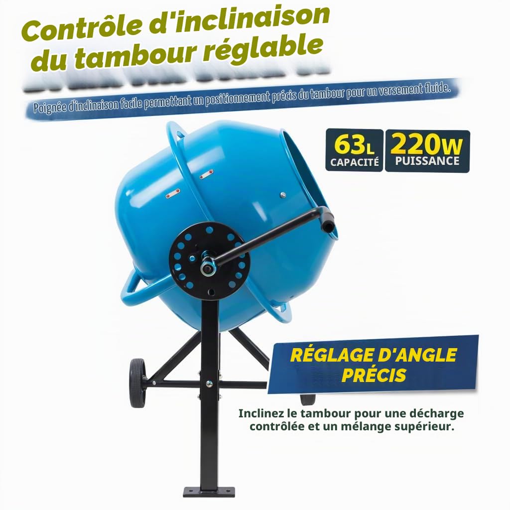KATSU Tools Bétonnière électrique 63 L - 220 W - Machine à mélanger le mortier de ciment portable avec roues, support et poignée basculante, idéal pour bricolage et construction, modèle 167340