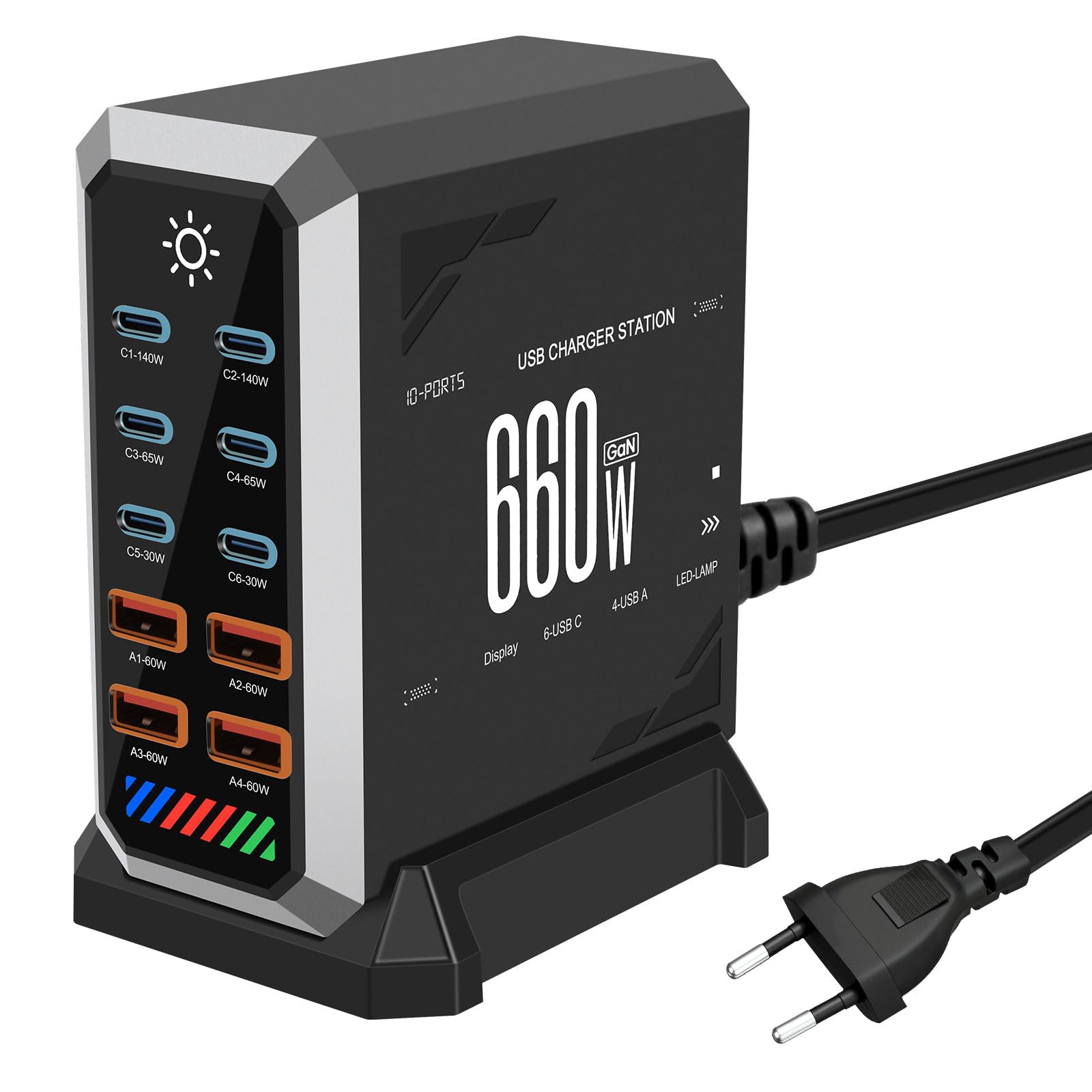 660W Caricatore USB Multiplo - 10 Porte (6 USB-C + 4 USB-A) con Ricarica Rapida, Stazione di Ricarica Compatta per Multi Dispositivi, Compatibile con MacBook, iPad, iPhone, Galaxy S22/S20, DELL, HP