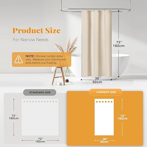 Miniatura 2 de BTTN - Juego de cortina de tela con textura de lino para cubículo de ducha angosto, con 6 ganchos de plástico, diseño con peso de alta resistencia y