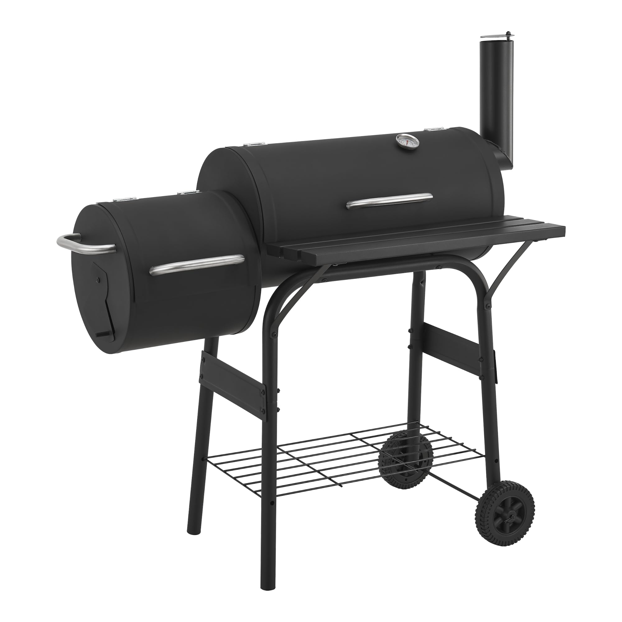casa.pro Ahumador Barbacoa Smoker Portátil Barbacoa de Carbón con 2 Cámaras 2 Ruedas con Estantes Termómetro Salida de Aire y Chimenea Asa Acero Inoxidable 115 x 110 x 64 cm - Negro