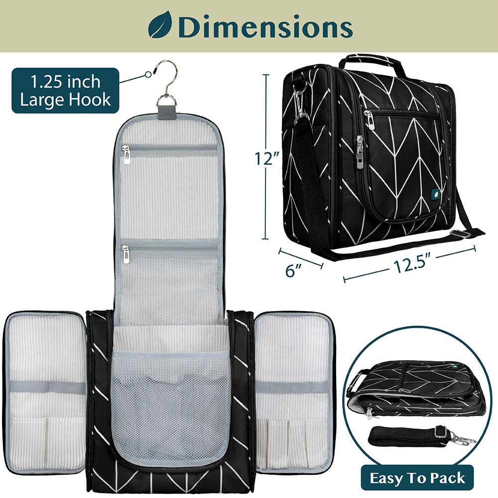 PAVILIA Large Hanging Toiletry Bag for Women Men, Travel Toiletry Bag Organizer for Toiletries, Cosmetics, Makeup Bag with Mesh, Water Resistant Pockets (Black Chevron)