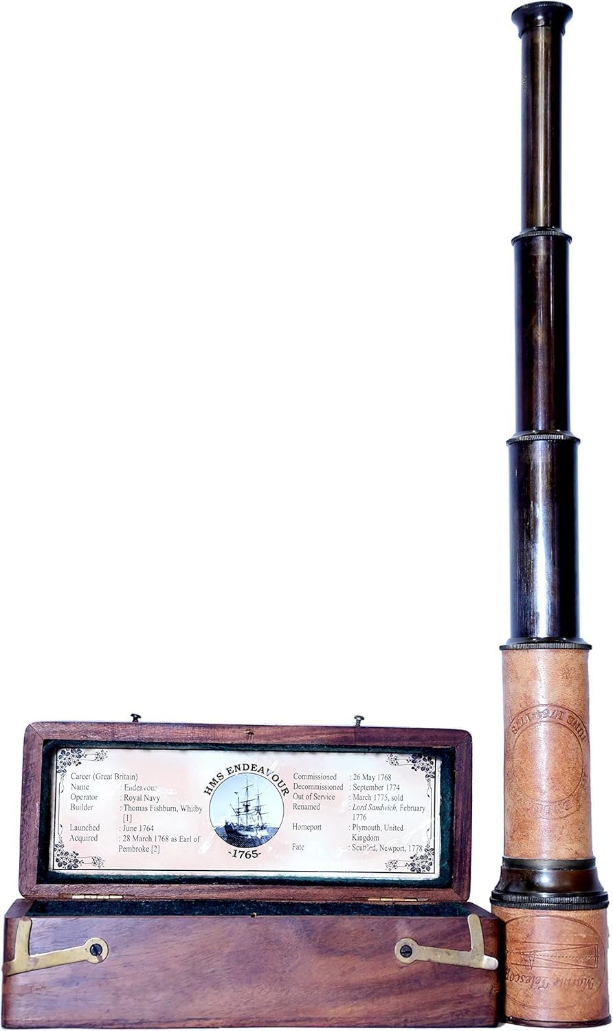 Antique Style 18" Brass Nautical Spyglass – HMS Endeavor Engraving & Wooden Storage Box | Ideal for Explorers & Gifting