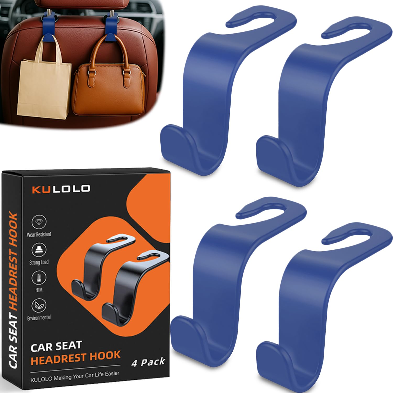 KULOLO Car Seat Hooks & Purse Holder - 4 Pack Boxed,55 lb Heavy Duty,Eco PP Car Hooks for Purse/Bag/Baby Gear/Gym Bag/Groceries/Cup/,Fits 0.32-0.55”