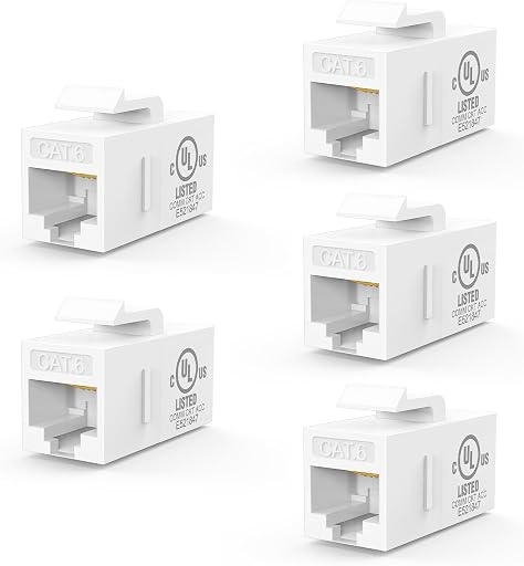 VCE UL Listed CAT6 Keystone Coupler 5-Pack, 10Gbps Gold-Plated Inline Coupler, Female to Female Ethernet Cable Extender, White