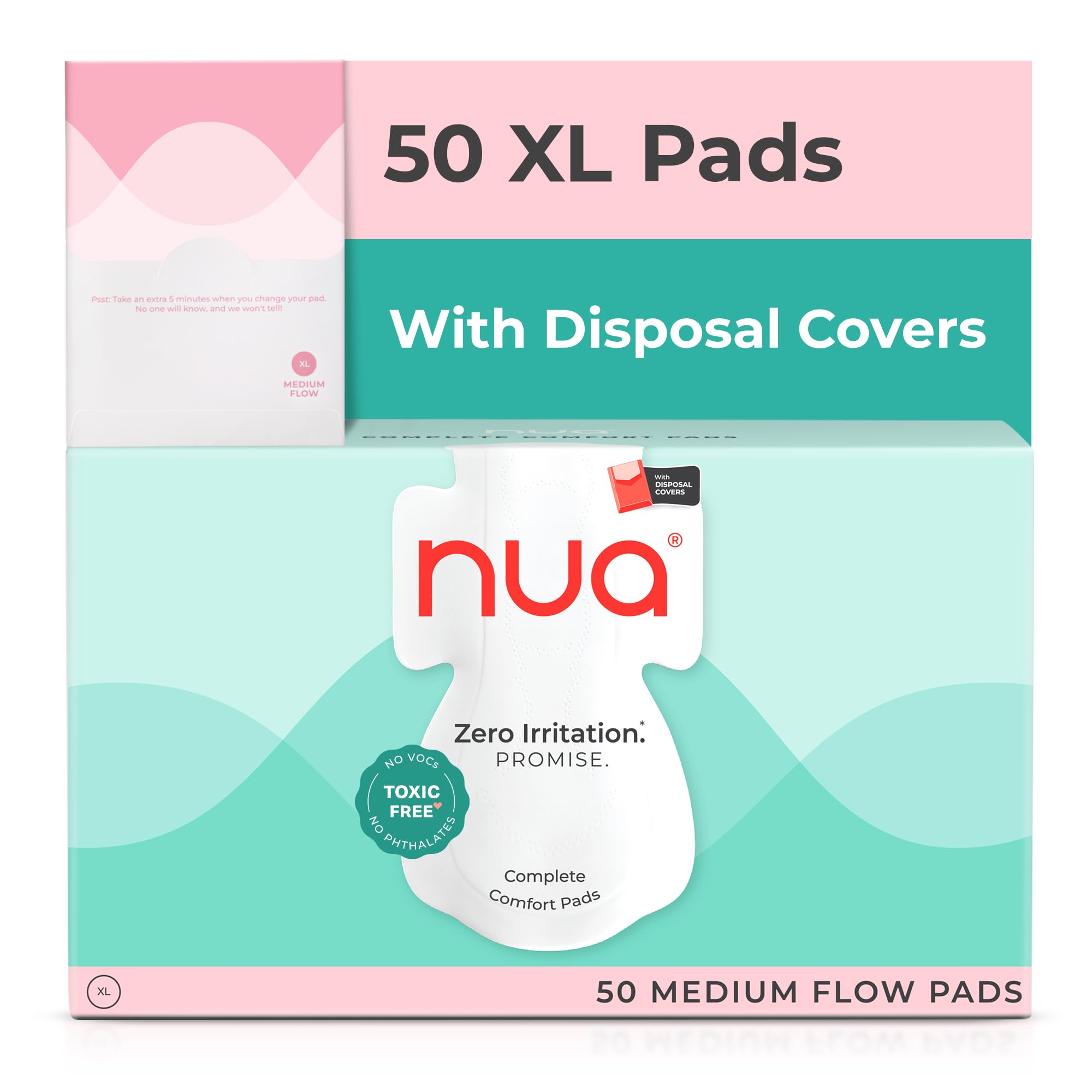 Nua Ultra Thin Sanitary Pads for Women | Bulk Pack of 50 Pads | Size - L - 280mm | for Medium Flow | Zero Toxins | Rash Free | Non-Woven Fabric | Unscented | Free Disposal Cover