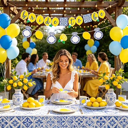 Image of Lemon Bridal Decorations Capri Lemon Engagement Banner Blue Tiles And Bride to Be Banner Fruit Theme Bachelorette Party Decoration