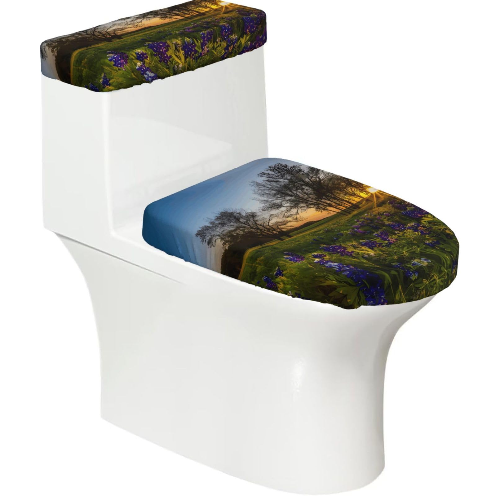 Lavender Meadow at Sunset Spring 2-Piece Toilet Seat Cover Set with Tank Lid - Elastic for U-Shape & Elongated - Bathroom Decor