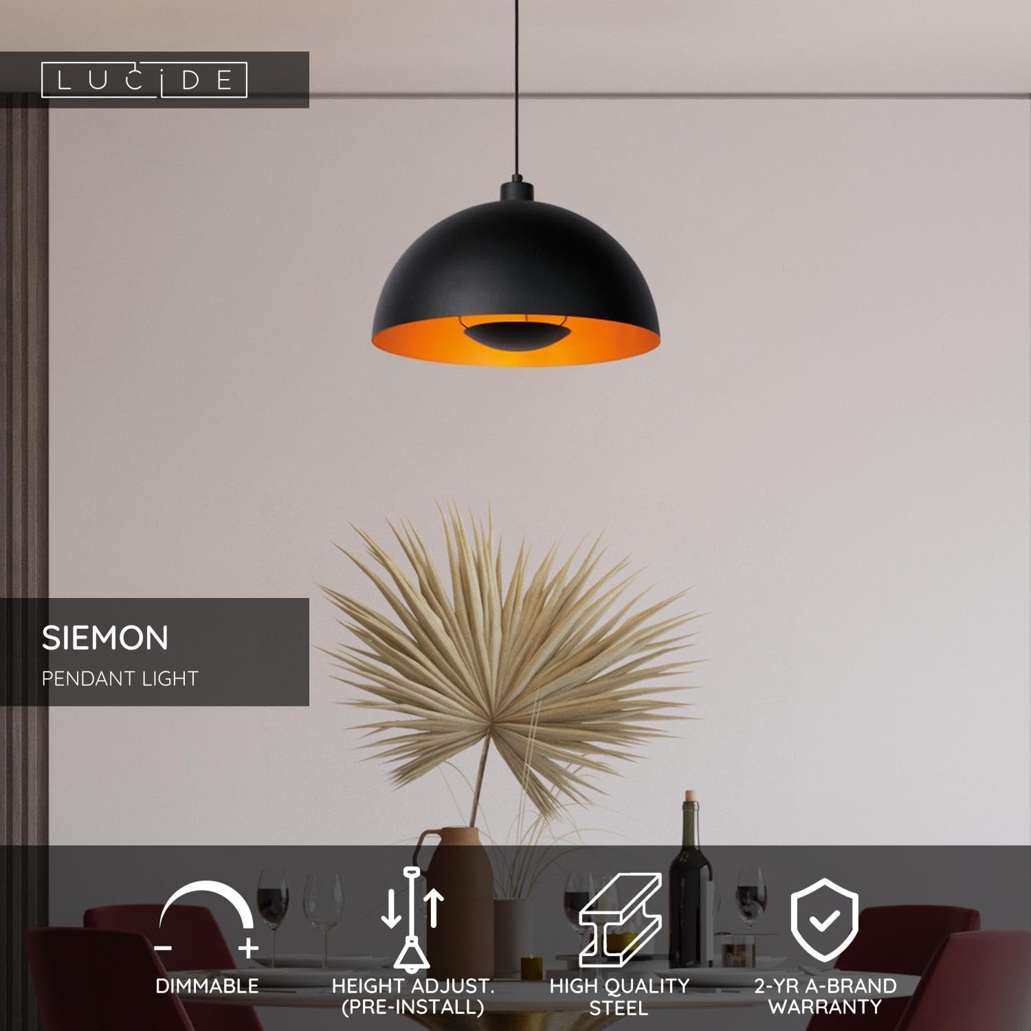 LUCIDE SIEMON - Pendelleuchten - Ø 40 cm - 1xE27 - Schwarz