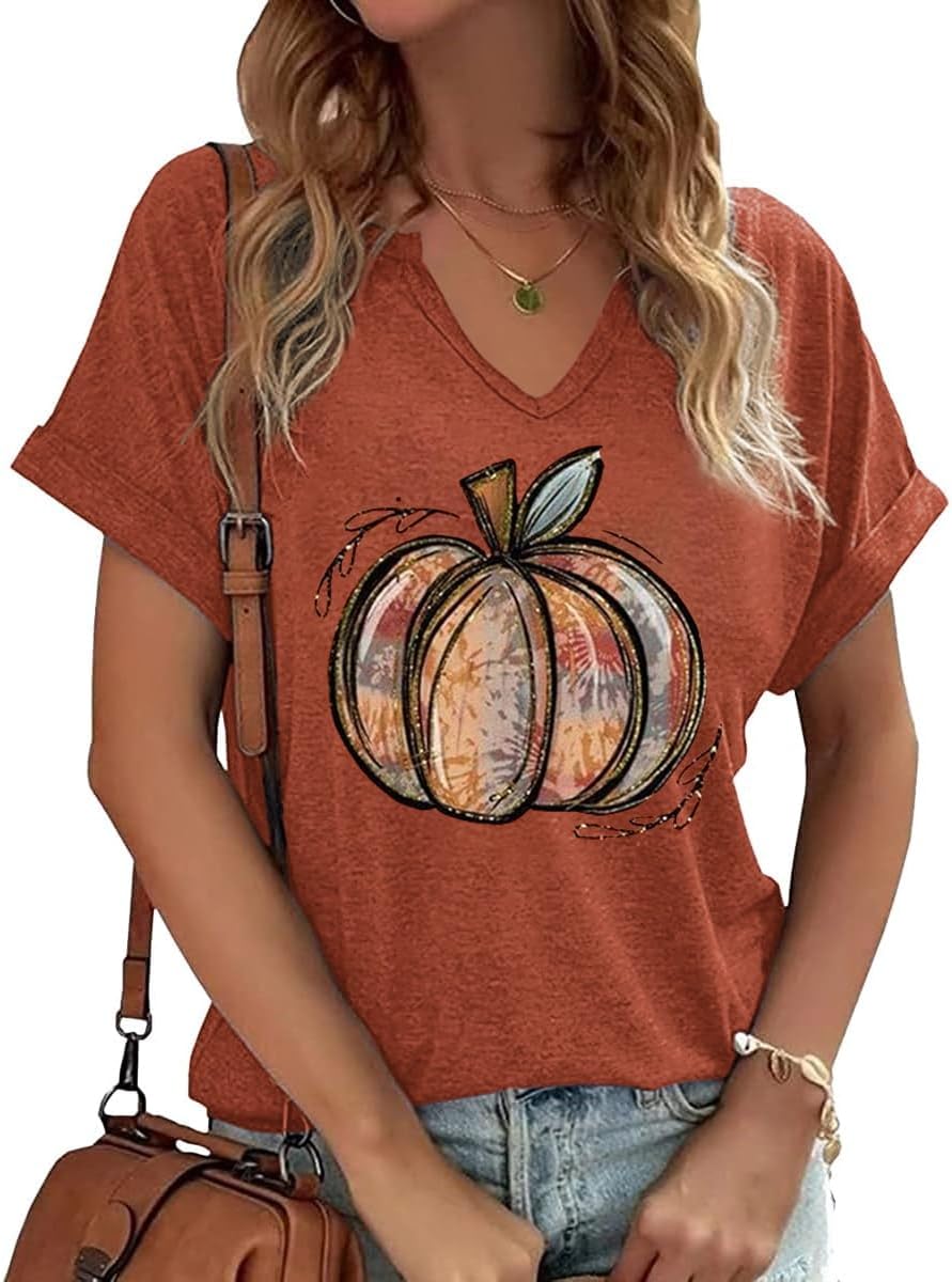PUCKOLITY Halloween Shirts for Women Funny Halloween Pumpkin Graphic Short Sleeve Shirt Casual Fall Tee Tops