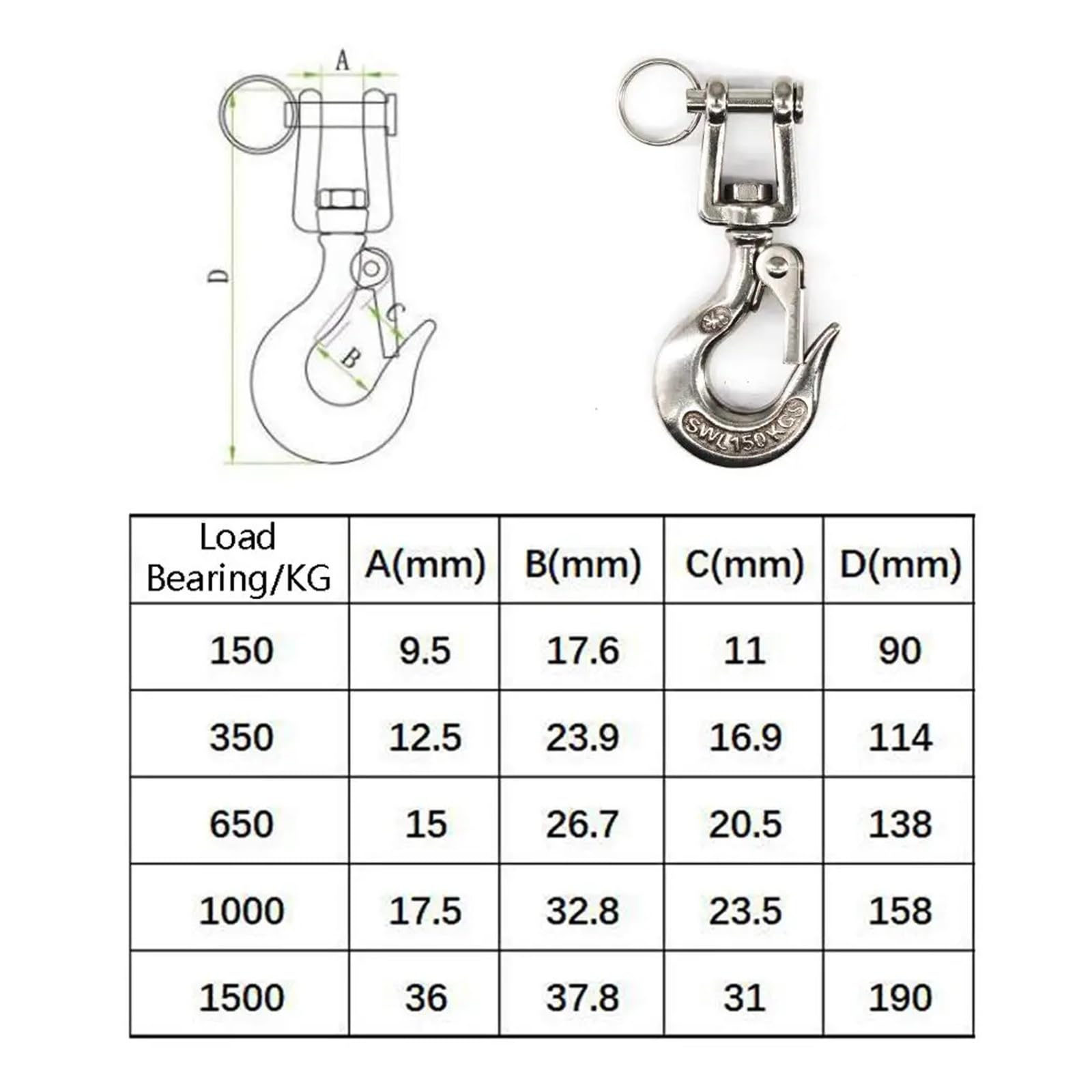 Compatible Gancho Acero INOX 304 con pestillo de Seguridad | Adecuado for operaciones de elevación, cabrestante y conexión de cadenas.(1.5T)