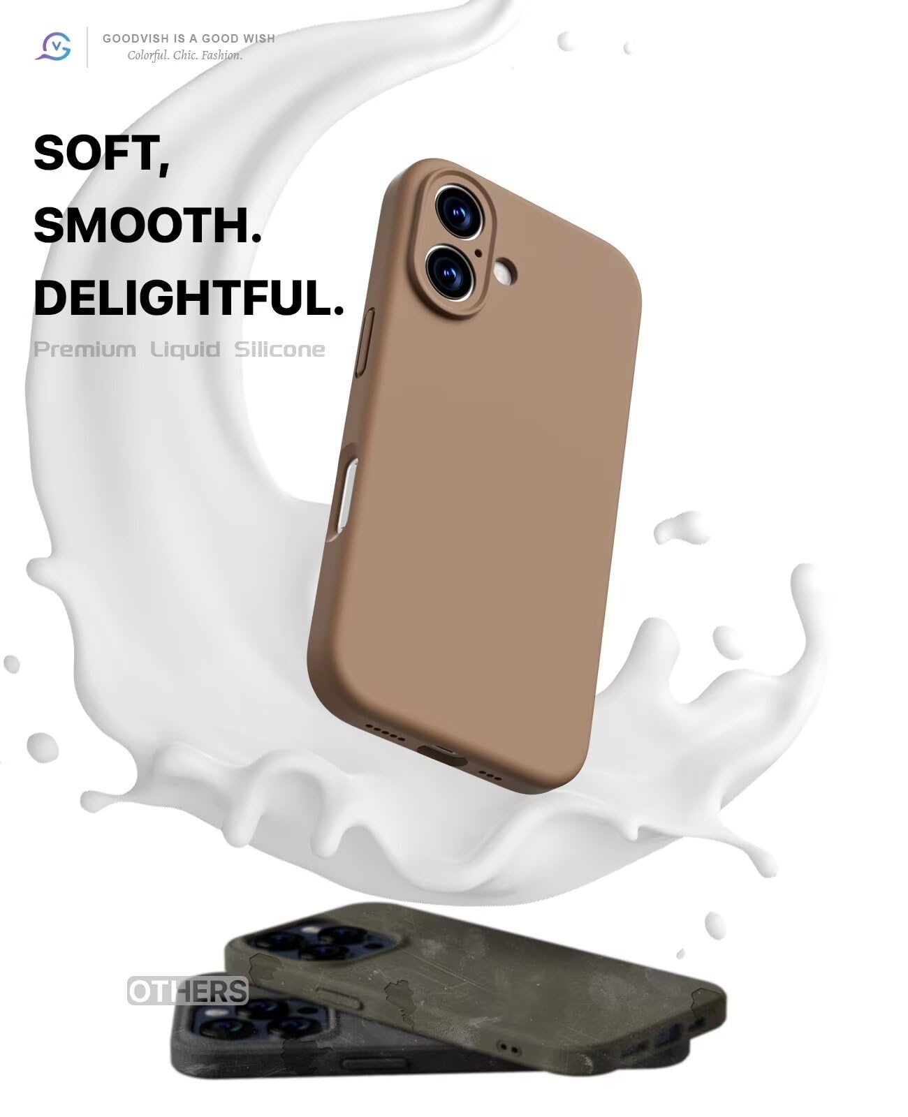 GOODVISH 3 in 1 Silicone Cover per iPhone 16 6.1", Custodia con 2 Pellicola Vetro Temperato [Protezione Fotocamera] 360° Protezione Anticaduta Case per Cellulare Antiurto Resistente, Cachi