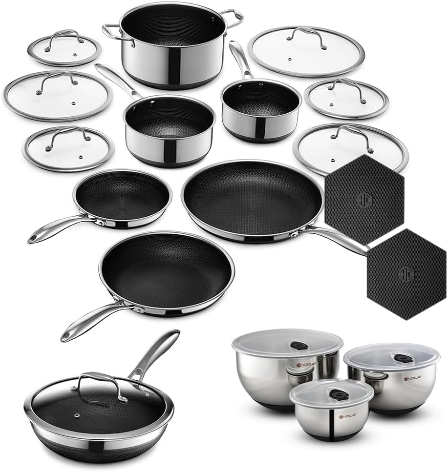 HexClad Hybrid Nonstick 19-Piece Cookware Set, 2, 3, and 8Qt Pots with Lids, 2 Silicone Trivets, 8", 10", and 12" Pans with Lids, 3-Piece Mixing Bowl Set, and 14" Wok with Lid, Stay-Cool Handles