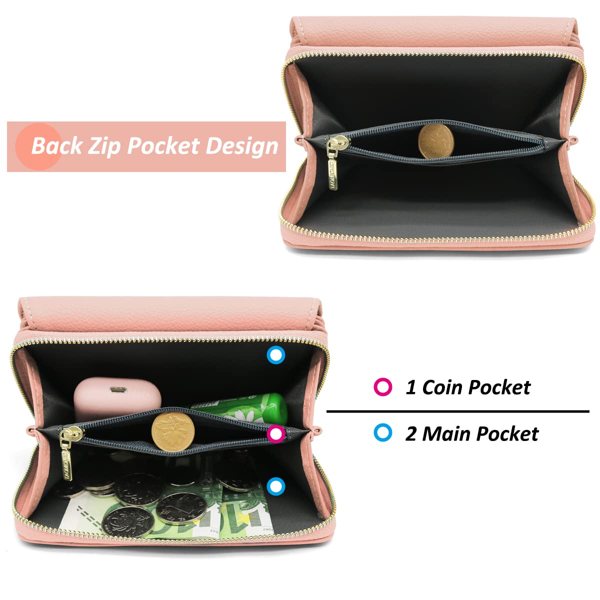 HNOOM Porte Monnaie Femme Portefeuille Femme en Cuir PU Porte Carte Monnaie Portefeuilles pour Femmes Court Zippé Femmes avec 9 emplacements pour Cartes Petit Porte Feuille (Rose)