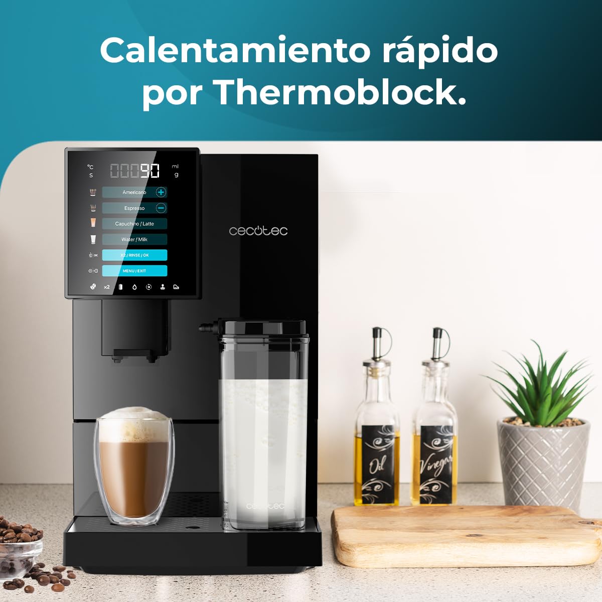 Cecotec Cafetera Superautomática Cremmaet Compactccino Black, 19 Bares, Sistema Thermoblock, Grano recién molido con Plug&Play, Depósito 150gr café con molinillo, 1,1 L agua, 400ml leche