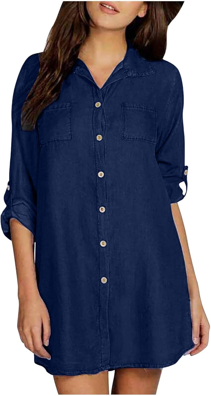 NaRHbrg Summer Denim Shirt Dresses for Womens Short Sleeve Loose