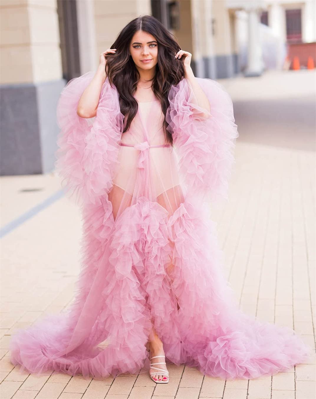 Dressing Gown for Maternity Photoshoot Perspective Sheer Long Robe Puffy Tulle Robe Sheer — view 6