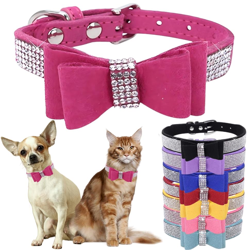 Collare per cani con fiocco con strass, collare per cani regolabile, per ragazze e donne, grazioso collare per cuccioli di taglia piccola, media e grande, rosa XXS