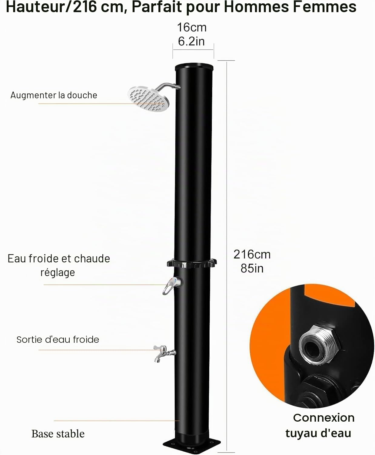 Douche solaire 35 L pour jardin et piscine, pommeau pluie orientable, mitigeur chaud froid, robinet lave-pieds, eau chaude jusqu’à 60 °C