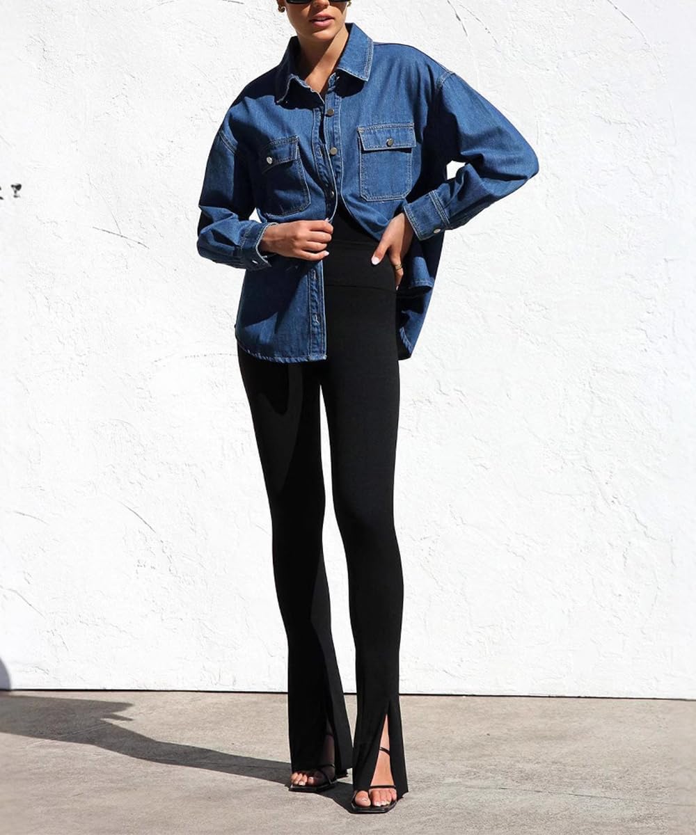 Las Mujeres botón Abajo Camisas de Mezclilla Azul Chambray Camisa Casual Cuello Blusa Manga Larga V Cuello Tops con Bolsillos