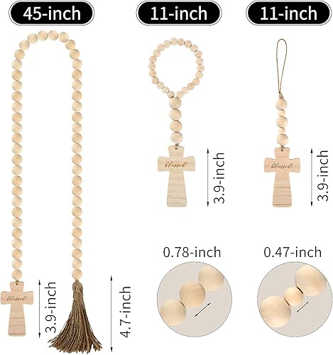 Miniatura 6 de Guirnalda de cuentas de madera con cruz bendita, guirnalda de cuentas de cruz con borla, cuentas de granja con cruz, decoración de cruz con cuentas,