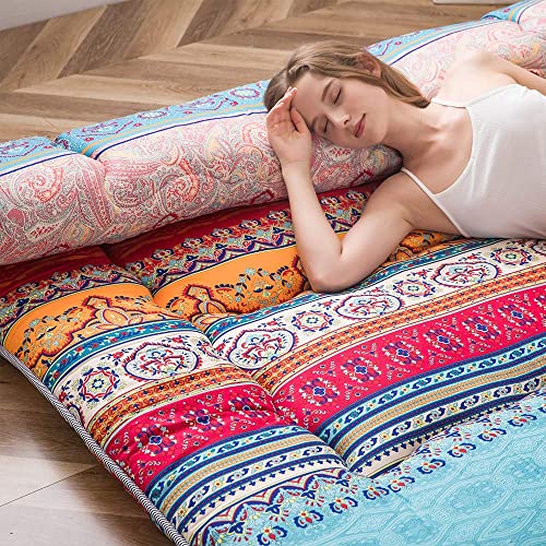 Image of MAXYOYO Bohemian Retro Vintage Floral Japanese Futon Mattress Roll Up Tatami Floor Foldable Mat Portable Camping Mattress Sleeping Pad Floor Lounger Couch, King