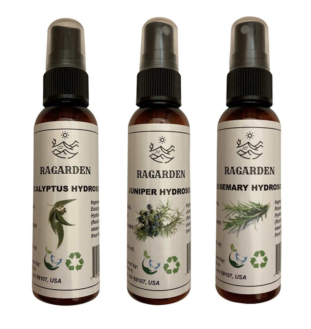 RAGARDEN Combo Eucalyptus/Juniper/Rosemary Hydrosol (Floral Water). 2 oz Each Spray Bottle.
