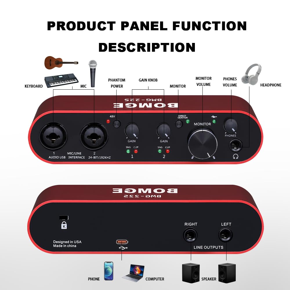 BOMGE Interfejs audio USB z zasilaniem fantomowym XLR/48 V, wysoka wierność 24 bitów/192 kHz, do interfejsu miksera audio studyjnego dla gitarzysty, wokalisty, podcastera, producenta, Plug and