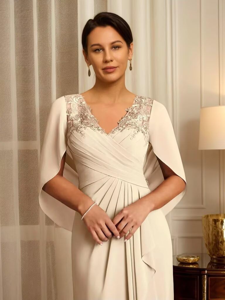 Chiffon Long Mother of The Bride Dress for Women Applique V Neck Grandmother of The Groom Dresses with Sleeve