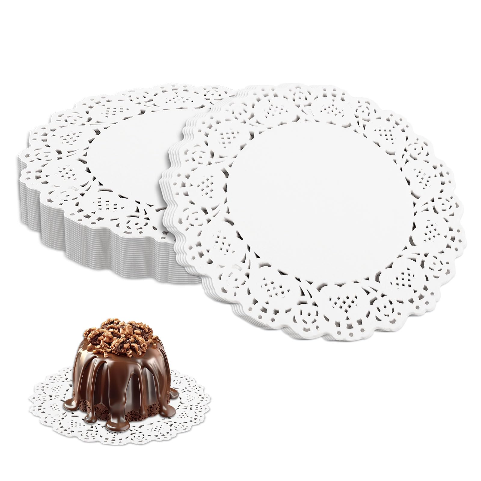 Mozeat Lens 150 PCS Round White Lacy Paper Doilies, 4.5 Inch (11.4cm) Diameter, Oilproof, Christmas Theme, Tableware Decor