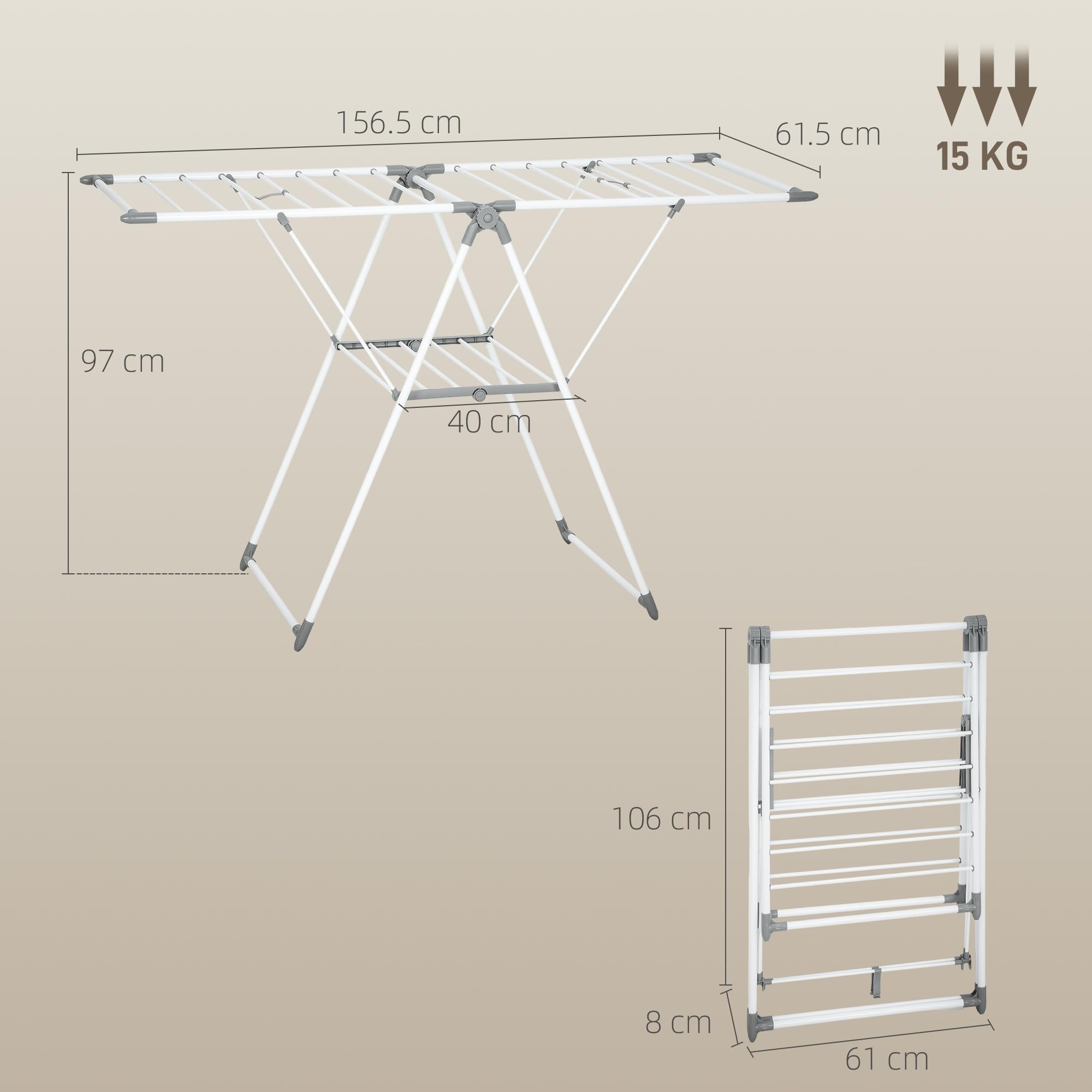 HOMCOM Stendibiancheria a 2 Livelli Regolabile 156.5x61.5x97 cm Bianco | su 4 Altezze Diverse, Stendino, Piedini Antiscivolo, Metallo e Plastica