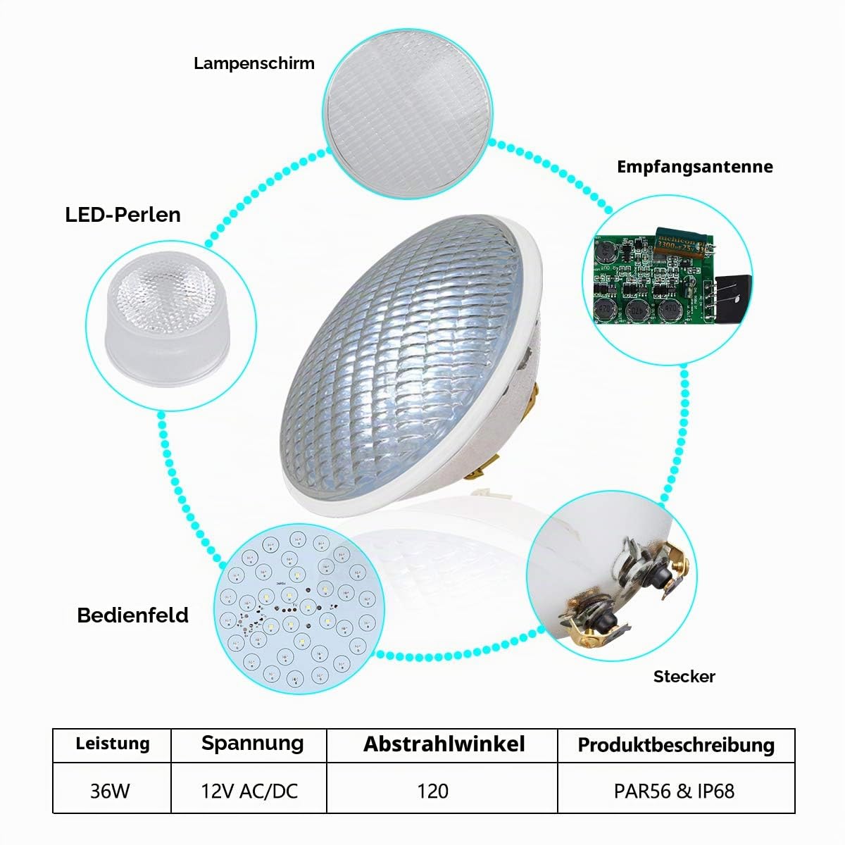 LED Poolbeleuchtung, 36W PAR56 Scheinwerfer Unterwasser LED Beleuchtung,IP68 Wasserdicht Poolscheinwerfer 12V LED-Poolleuchten 6000K Kaltweiß Pool Light | Gehärtetes Glas Außenmaterial Wasserdicht Poolscheinwerfer