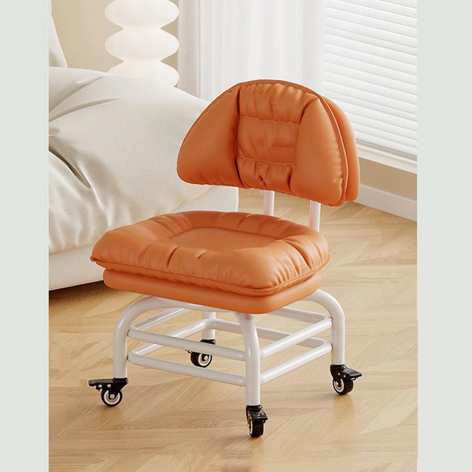 Orange,A,Backrest Rolling Stool with Brakes PU Leather Roller Chair Heavy Duty Rolling Stools with Wheels and double-layer support for Home Office Garage Mechanic Flooring Cleaning Shop