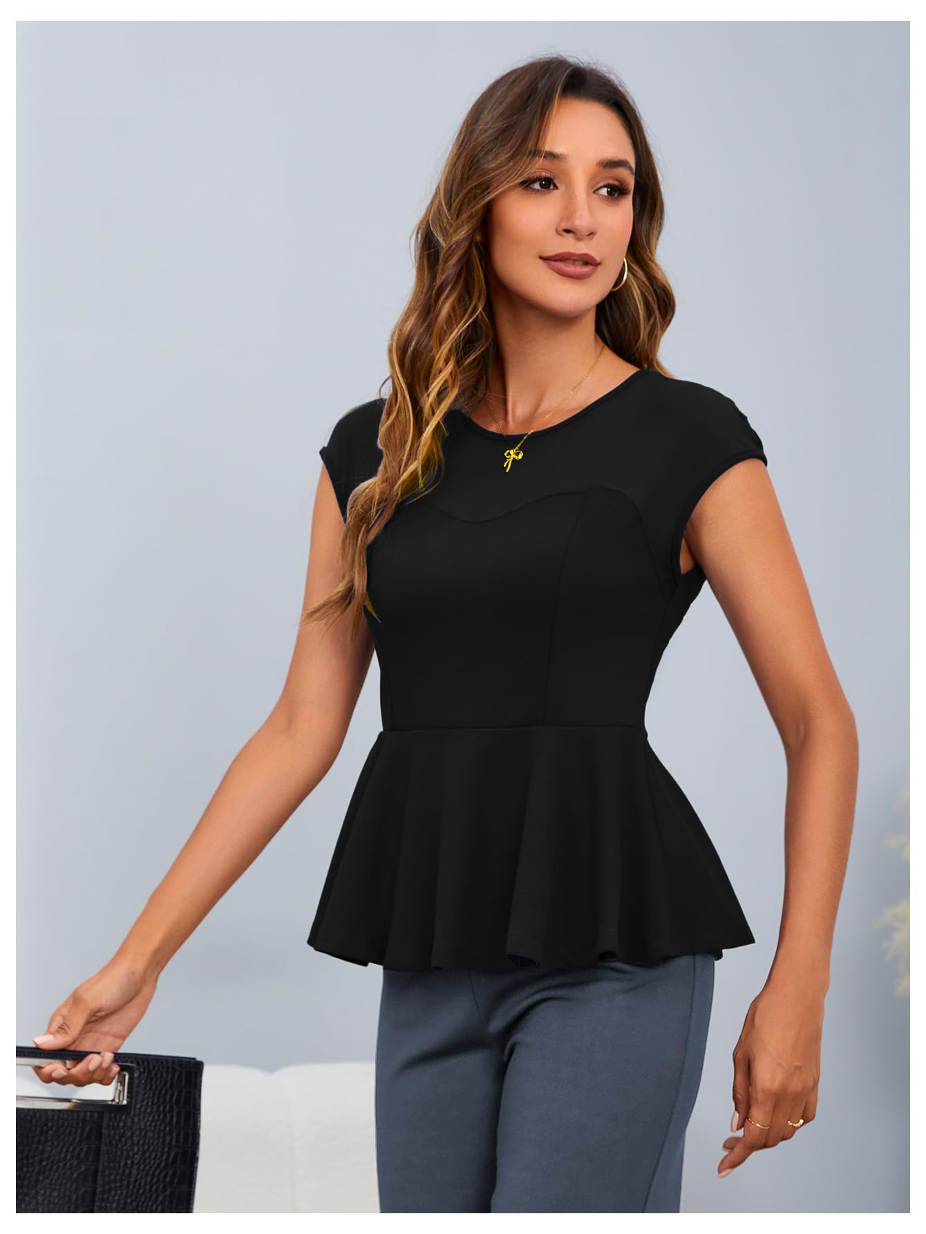 OYOANGLE Women's Elegant Sheer Mesh Cap Sleeve Ruffle Hem Flared Work Peplum Blouse Tops