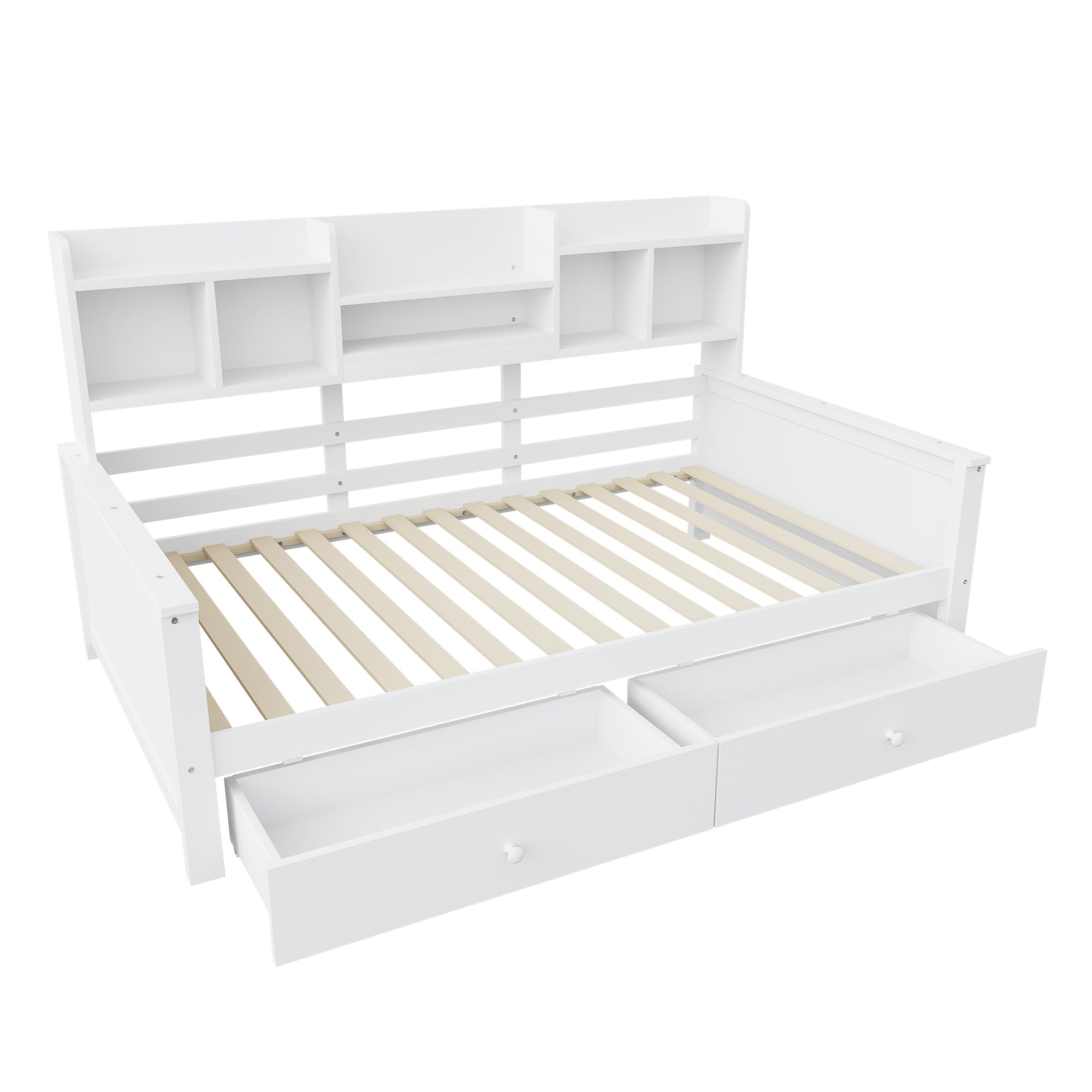 Cama Individual 90 x 200 cm Con Cajones y Estantes - Sofá Cama, Somier, Infantil, Juvenil - Madera Maciza Sin Colchón (Blanco)