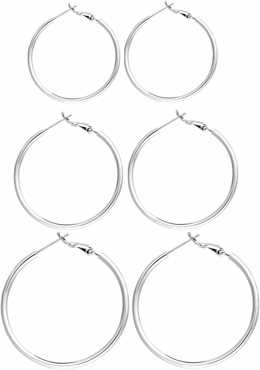 3 Pairs Sterling Silver Hoop Earrings, 14K White Gold Plated Big Hoop Earrings Set for Women 40 50 60MM