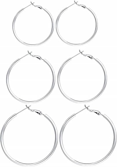 3-Pair Sterling Silver & 14K White Gold Plated Hoop Earrings Large 40-60MM Hoops for Women