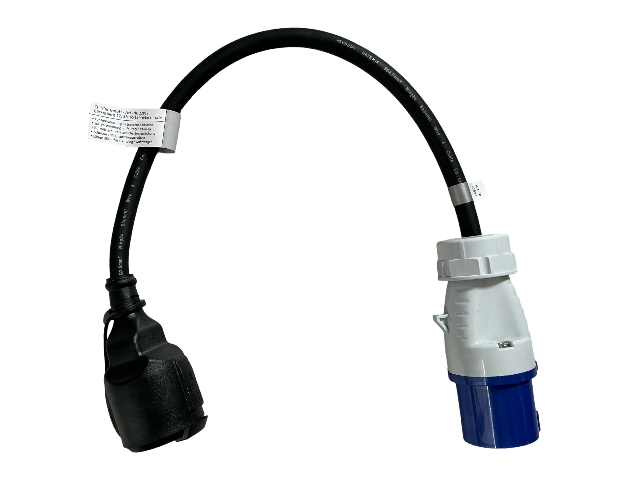 CEE 22852 - Cable adaptador de enchufe a conector de protección de contacto H07RN-F 3G2,5 I 230 V/Chilitec /16 A, 3 pines, 35 cm, IP44, protección contra salpicaduras, 3500 W