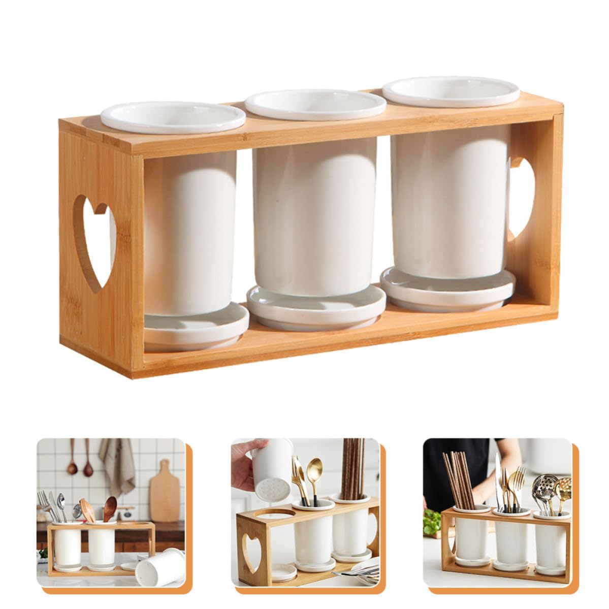 jojofuny Organisateur Cuisine en Céramique Support en Bois, 3 Compartiments Design Drainant, Porte-baguettes et Porte-couverts pour Garder Ustensiles Secs